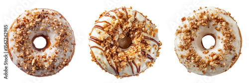 Set of Delicious frosting-covered donut with crunchy nut topping top view isolated on a transparent background
