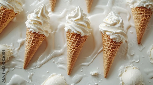 Ice cream cones on a white background, ideal for desserts, summer treats, and sweet indulgence visuals.
