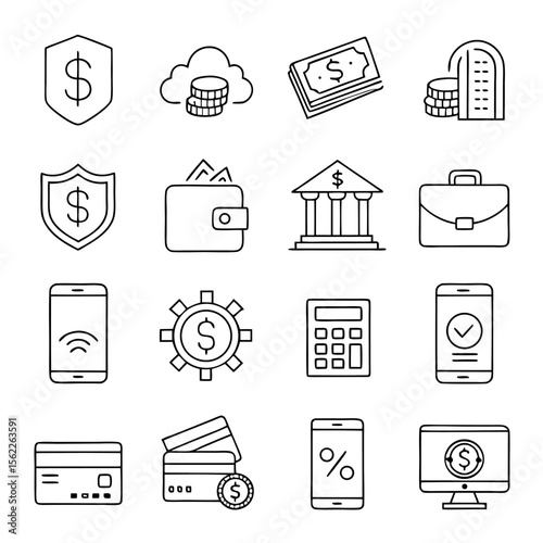 A collection of modern financial icons representing security savings banking payments and digital transactions with a clean outline style on a white background