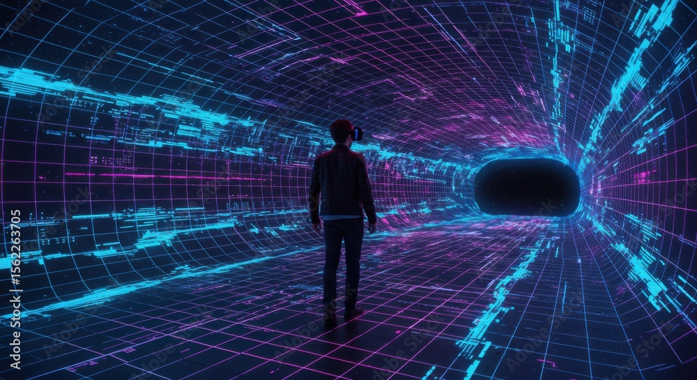 Obraz premium Navigating the Digital Labyrinth: A lone figure ventures into a mesmerizing digital tunnel, immersed in a vibrant display of luminous lines and an enigmatic void.