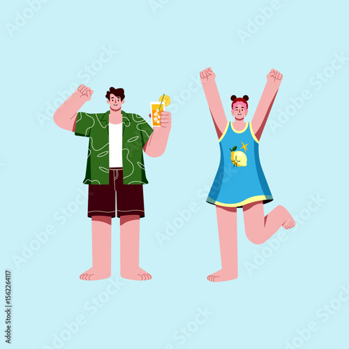 Summer Fun Flat Design Illustration of Joyful People Celebrating