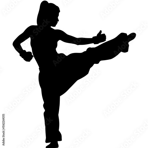 Female martial artist performing a kick in silhouette without background  