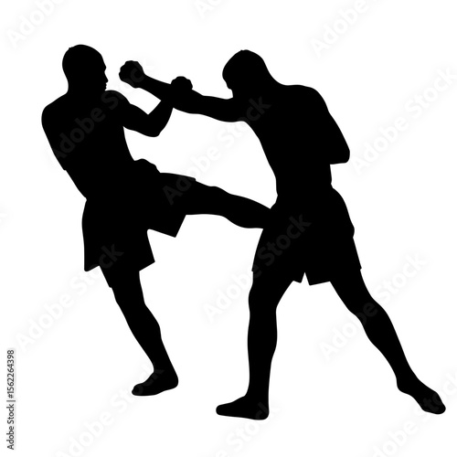 Two fighters in silhouette engaging in a kickboxing match without background  
