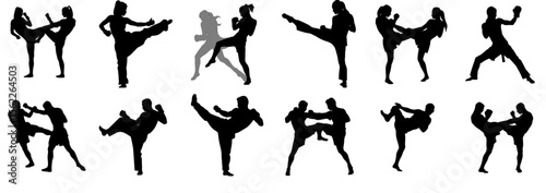 Black silhouettes performing martial arts moves without background  
