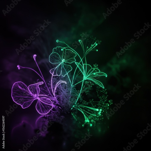 Floral Fantasy: A stunning digital artwork of a luminous floral arrangement against a dark backdrop, showcasing vibrant neon hues and intricate detailing.