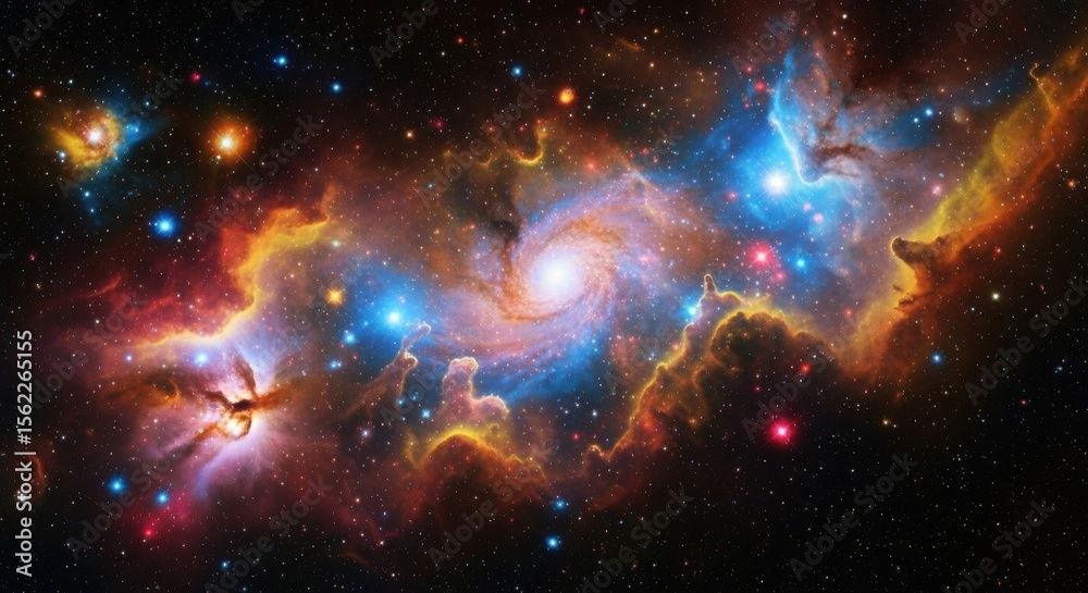 Fototapeta premium Vibrant cosmic nebula showcasing a spiral galaxy and interstellar gas clouds with glowing stars