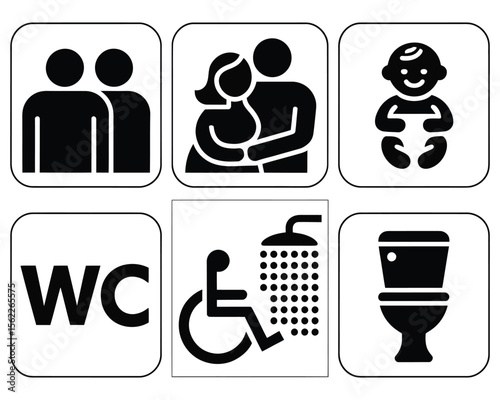  Collection of universal pictograms for restrooms including men women family baby accessible shower and toilet icons