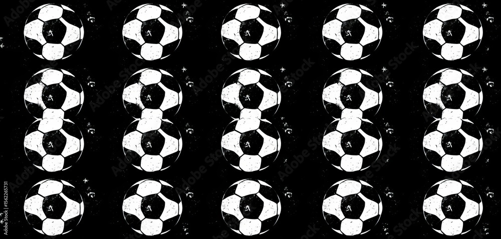 Grunge black & white hexagon soccer ball seamless pattern vector wallpaper, football texture, geometric