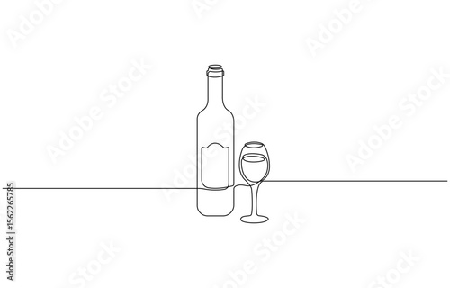 Wine bottle and wine glass drawing with one continuous line, Continuous line one drawing of wine bottle with wineglass, Drink Concept Continuous One Line Illustration.