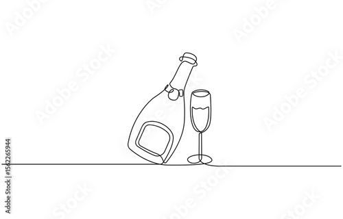 Wine bottle and wine glass drawing with one continuous line, Continuous line one drawing of wine bottle with wineglass, Drink Concept Continuous One Line Illustration.