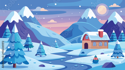 Snowy Mountain Landscape with Cabin, River, and Trees under Moonlit Sky Illustration