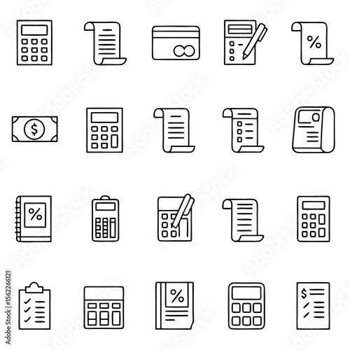 A collection of financial icons featuring calculators bills credit cards and documents with percentage symbols representing accounting and budgeting concepts