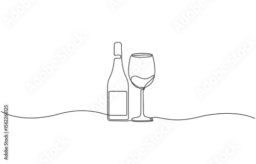Wine bottle and wine glass drawing with one continuous line, Continuous line one drawing of wine bottle with wineglass, Drink Concept Continuous One Line Illustration.