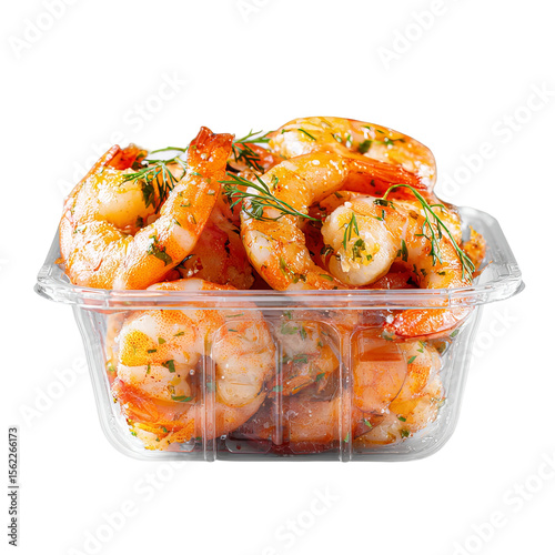 Shrimp Delight: Savor the visual feast of perfectly cooked shrimp, artfully arranged within a transparent container. The glistening shrimp, adorned with vibrant herbs.
