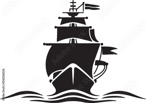 Historic Sailing Ship with Flags on Waves