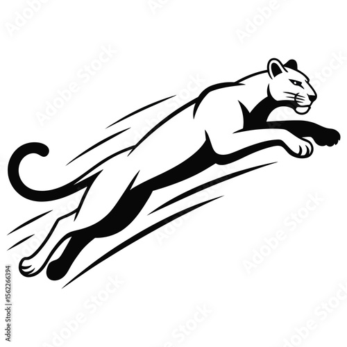 Dynamic black and white illustration of a powerful cougar leaping forward with speed lines indicating motion and agility