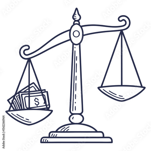 A hand drawn illustration of a balance scale with money on one side and an empty pan on the other symbolizing financial imbalance or the cost of justice