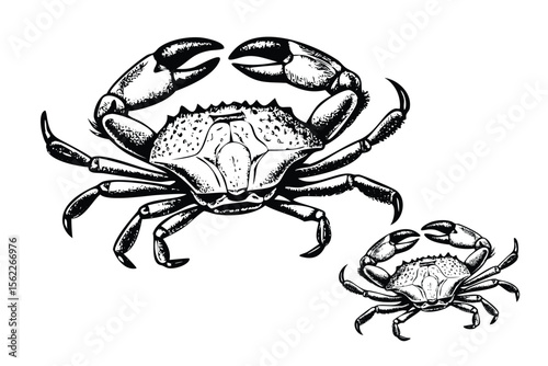 Raw Crab Vector Engraving Set. Detailed Monochrome Seafood Illustrations. Vintage Stipple & Hatching Style Icons & Symbols