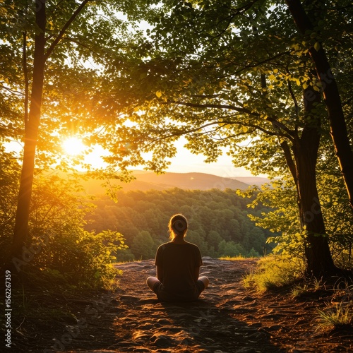 Inner Peace and Scenic Serenity: A solitary figure finds solace in nature, meditating amidst a breathtaking vista of rolling hills and golden sunlight.