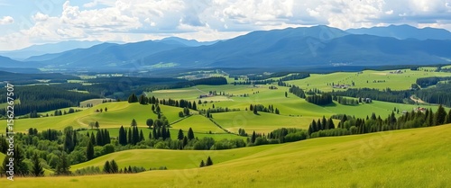 Stunning panoramic view of idyllic farm landscape with rolling hills, lush meadows, dense forests, and majestic mountains in the background,  meadows,  scenery