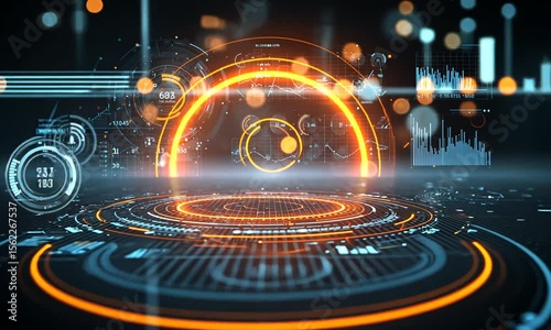 Futuristic data interface graphic, data analysis visualisation with neon lights, digital information display, for tech use