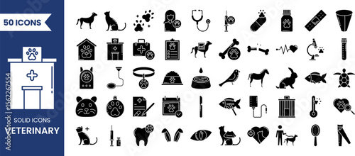 Veterinary icon set in solid style. Contains such icons as pets, medical history, health care, vet, vaccines, test, dental care, diagnosis, x ray, veterinary clinic and more. Vector illustration