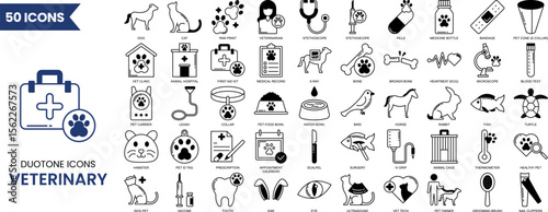 Veterinary icon set in duotone style. Contains such icons as pets, medical history, health care, vet, vaccines, test, dental care, diagnosis, x ray, veterinary clinic and more. Vector illustration