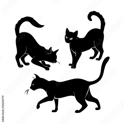 Black Cat Silhouette Vector Set – Elegant Feline Clipart in Playful Poses | Minimalist Cat Design Elements for Halloween, Tattoos, and Decor

