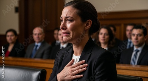 Woman crying while speaking in court during emotional testimony  