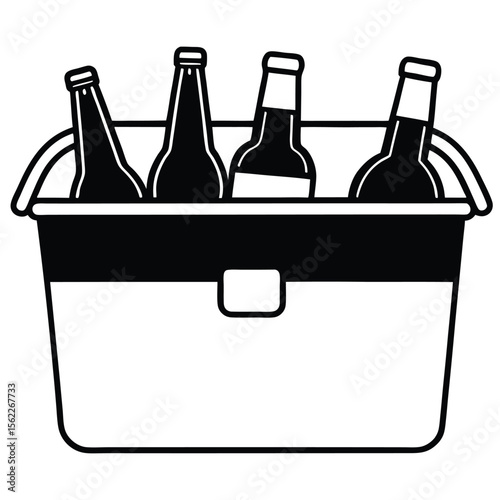 A picnic cooler stocked to the brim with an assortment of chilled beverages, including cans of soda, and bottles of beer and wine