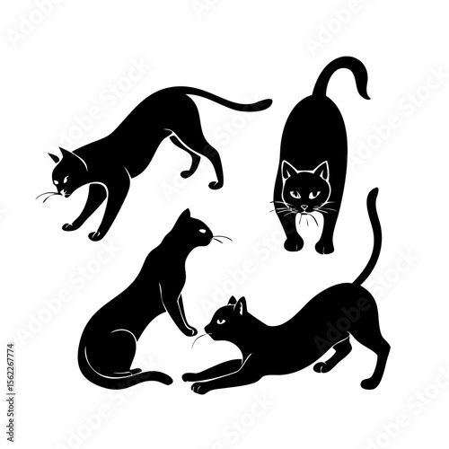 Black Cat Silhouette Vector Set – Elegant Feline Clipart in Playful Poses | Minimalist Cat Design Elements for Halloween, Tattoos, and Decor


