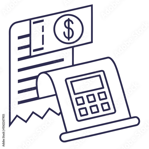 A simple line art illustration of a cash register with a receipt displaying a dollar sign symbolizing commerce and financial transactions
