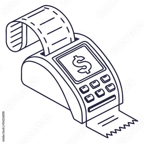 Stylized line art illustration of a payment terminal with a dollar sign on the screen and a receipt being printed symbolizing financial transactions and commerce