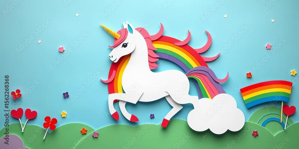 Obraz premium Whimsical rainbow unicorn paper art, vibrant colors, LGBTQ+ Pride celebration, june, whimsical