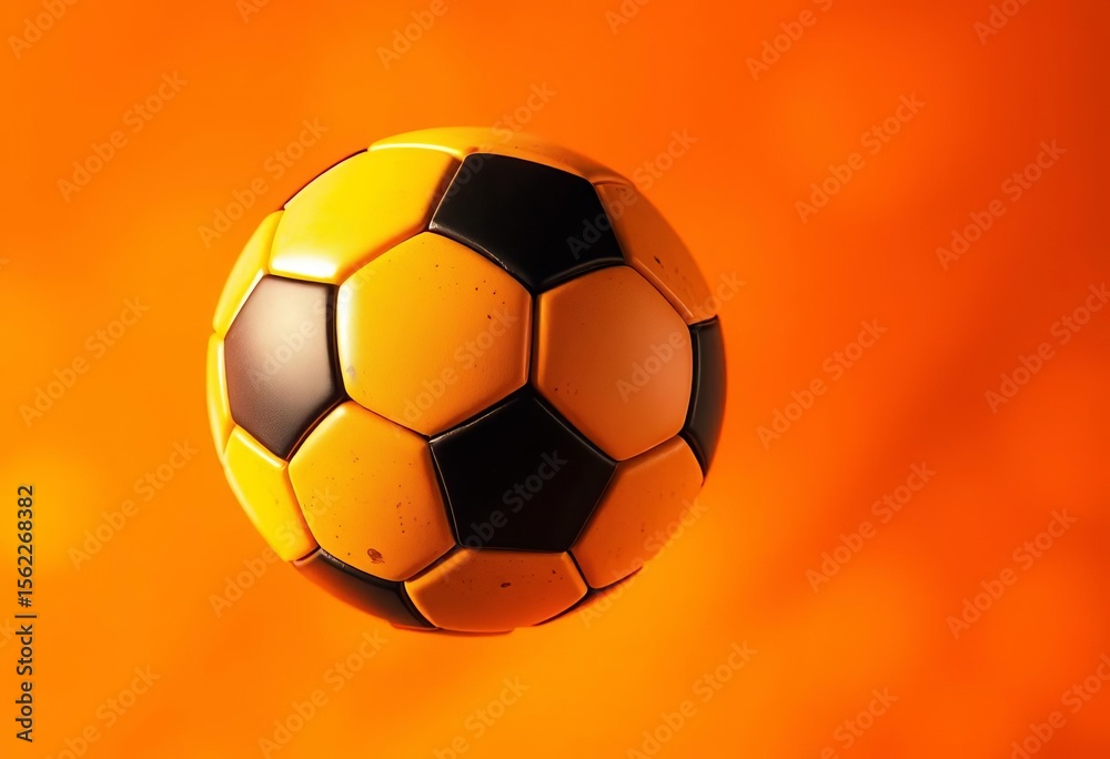 Fototapeta premium Whimsical soccer ball in mid-air, fiery orange background, firefly-like glow, illustration, vibrant color
