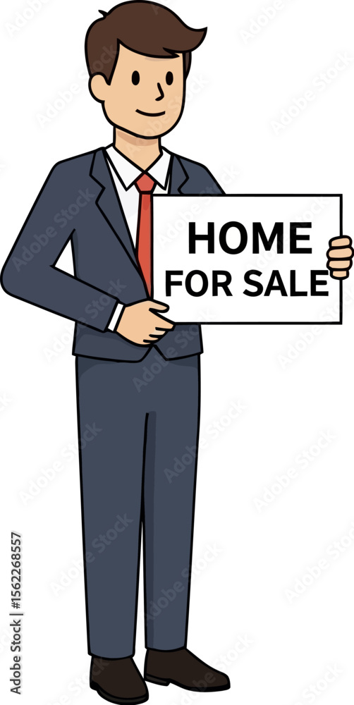 Find your dream home: real estate agent holding a home for sale sign here Find your dream home: real estate agent holding a home for sale sign here