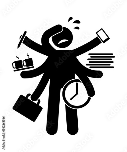  Stick figure stickman icon. Stick figure who is tired from lots of activities.