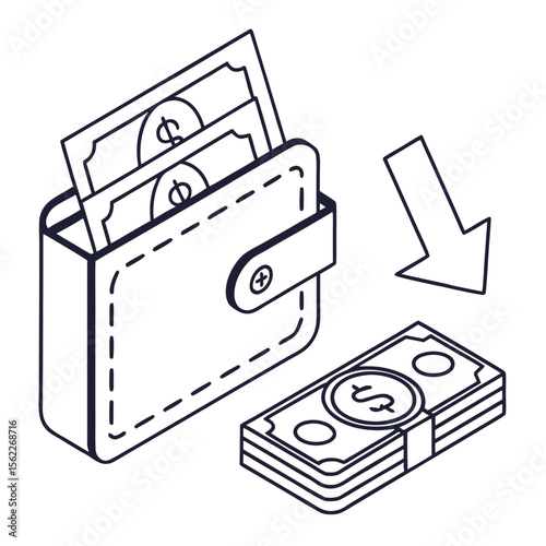 Isometric line art illustration of a wallet with dollar bills and a stack of money with an arrow indicating a transaction or flow of cash