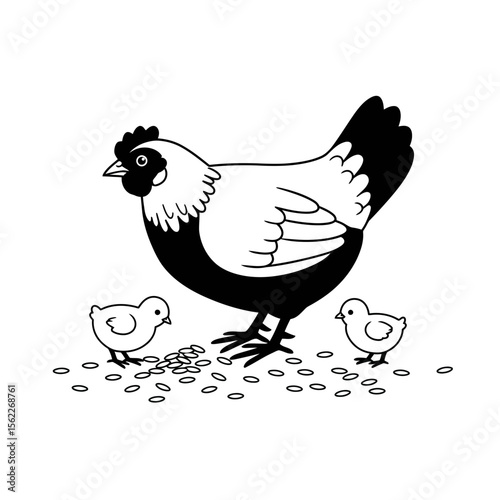 Hen with two chicks feeding on grains illustration silhouette