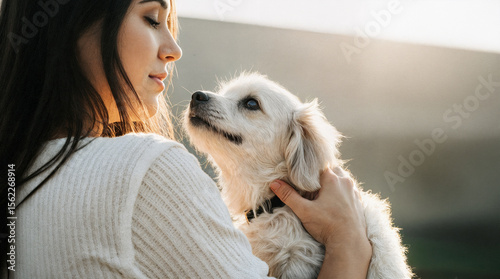 Woman holding small dog while gazing lovingly in sunlight  