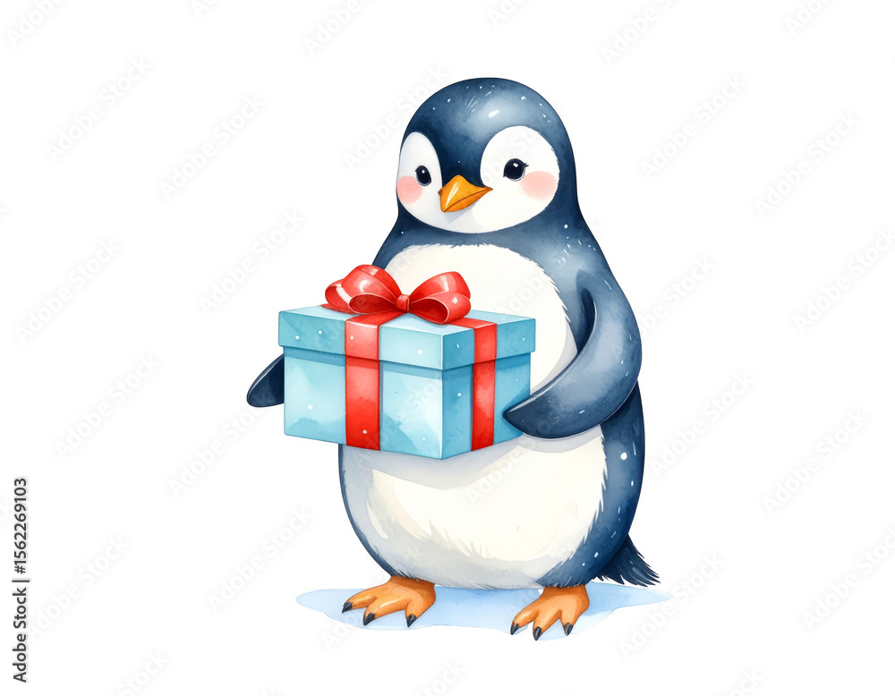 Fototapeta premium Adorable penguin presenting a festive gift with red bow, heartwarming holiday scene
