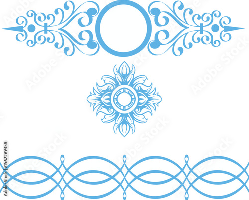 Blue and white floral frame pattern illustration with winter snowflake and swirl ornament
