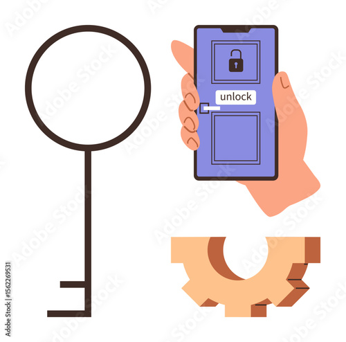 Classic key, smartphone with unlock button, and gear represent access, security, innovation, and technology. Ideal for digital transformation, password systems, cybersecurity smart devices data
