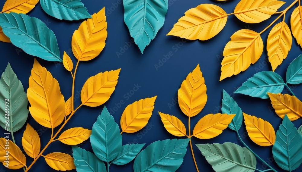 custom made wallpaper toronto digitalStylized Paper Leaves on Blue Background in Vibrant Colors and Textures