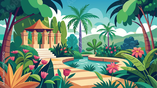 Illustrated Tropical Garden with Gazebo, Palm Trees, Pond, and Pink Flowers in Daytime