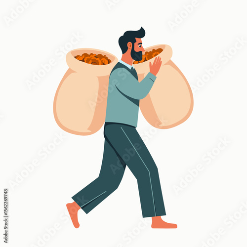 Man carrying bags of beans while walking in a casual outfit  