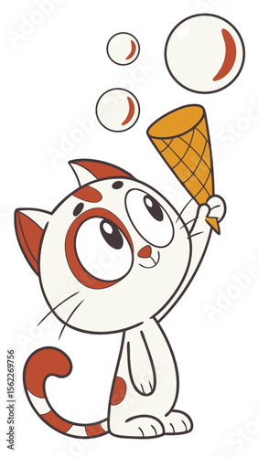 Adorable Cartoon Cat Playing with Ice Cream Cone and Bubbles