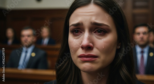 Woman crying in courtroom during trial surrounded by audience  