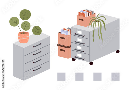 File cabinets with drawers, plants on top, and stacked books create a clutter-free workspace. Ideal for organization, productivity, office decor, minimalism, work-life balance, structure simple flat
