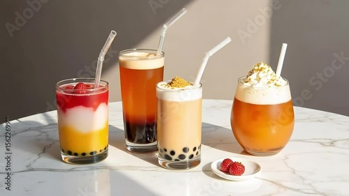 Assorted bubble tea drinks with straws and toppings on a marble table in natural sunlight setting